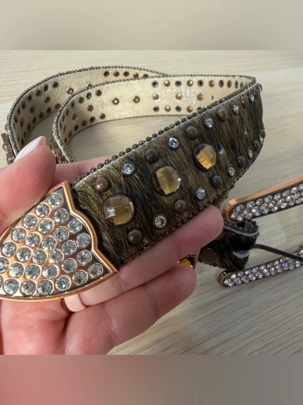 Nocona Size L Western Rodeo Rhinestone Jewel Embellished‎ Calf Hair Leather Belt